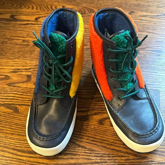 Tory Burch black leather & colorblock fleece yellow/blue/green/red/orange boots - Picture 1 of 10